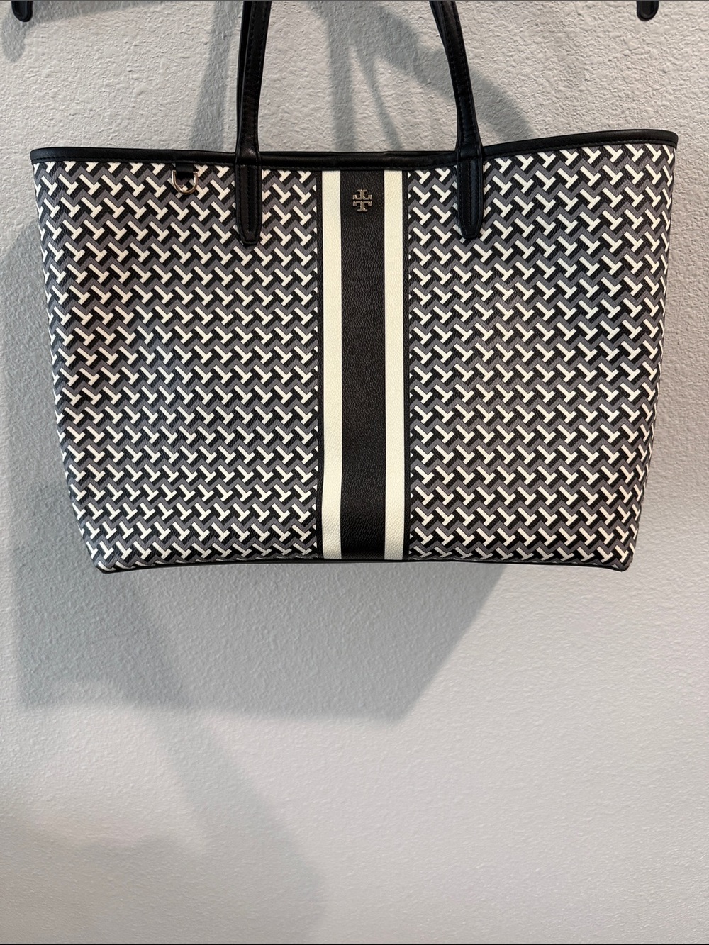 Tory Burch Black and White and Gray Geometric Pattern Tote